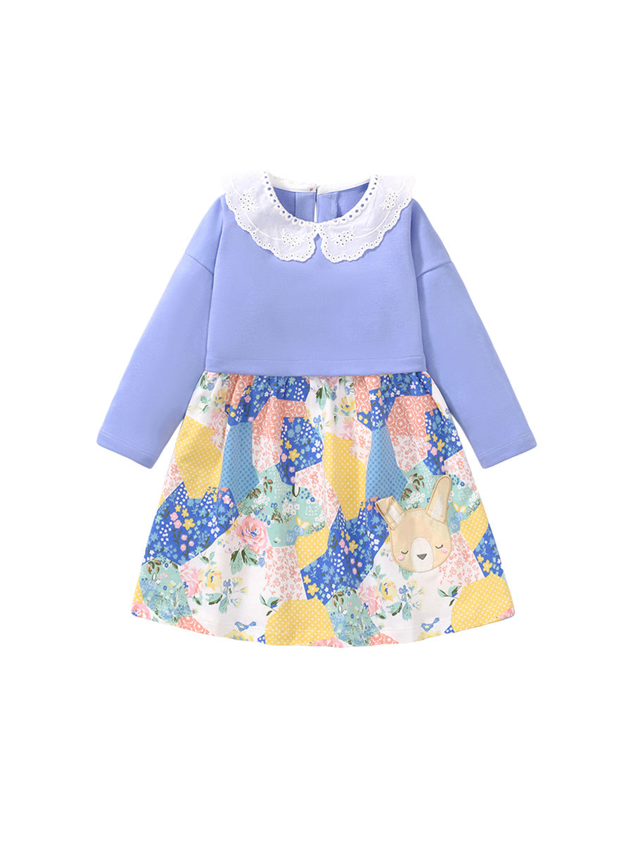Spring Baby Grils Kids Long Sleeve Cartoon Patchwork Design Dress