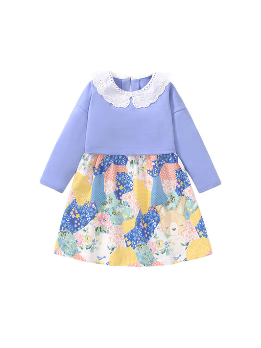 Spring Baby Grils Kids Long Sleeve Cartoon Patchwork Design Dress