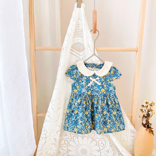 Baby Girls Floral Print Backless Design Doll-Neck Dress With Bow Decoration