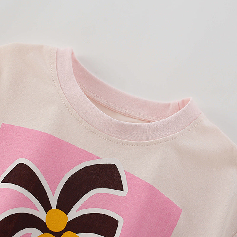 Summer Baby Kids Cartoon Coconut Palm Pattern T-shirt and Pink Shorts Clothing Set for Girls