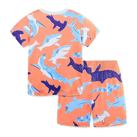 Summer Baby Kids Cartoon Whales Pattern T-shirt and Shorts Casual Clothing Set for Boys