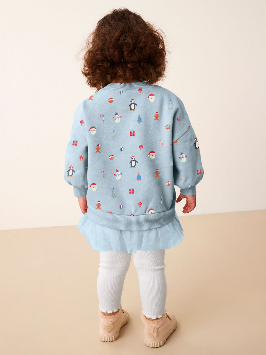 Spring And Autumn Girls Cartoon Christmas Pattern Long Sleeves Crew Neck Top Patchwork Dress And Pants Clothing Set