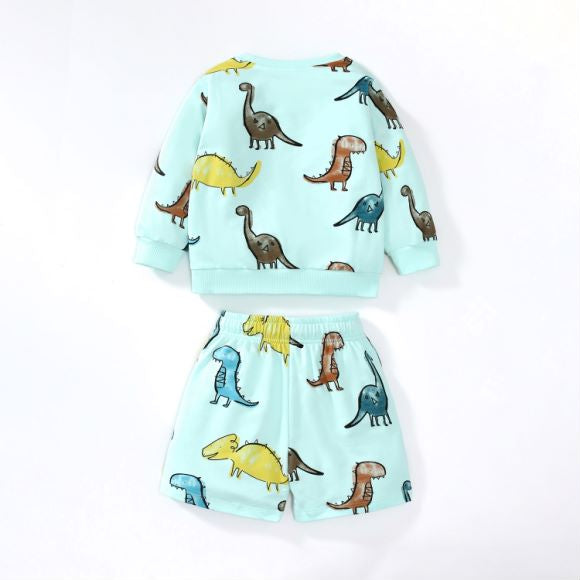 Baby Boy All Over Dinosaur Pattern Hoodie And Shorts Sets