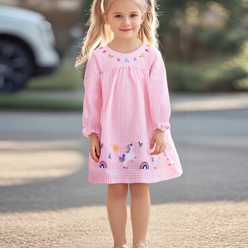 Autumn and Spring Arrival Cartoon Pattern Long Sleeves Plaid Dress for Stylish Girls