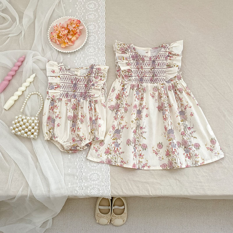 Summer Girls Arrival Floral Pattern Fly Sleeves Onesies and Girls’ Dress – Princess Sister Matching Set
