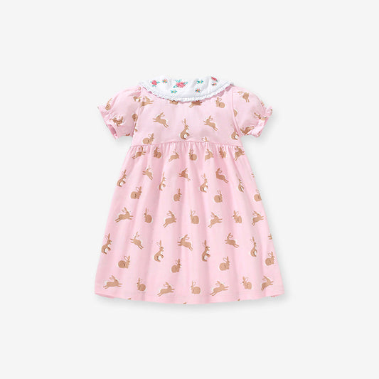 Baby Girls Peter Pan Floral Collar Short Sleeves Rabbits Pattern Dress