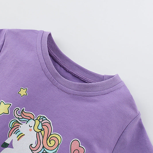 Summer Arrival Horse Cartoon Pattern Short Sleeves Tulle Design Cute Dress for Stylish Girls
