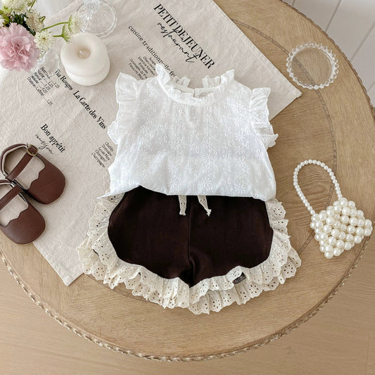 Summer Hot Selling Baby Kids Girls Sleeveless Solid Color Flowers Pattern Top Vest and Lace Decorated Shorts Clothing Set