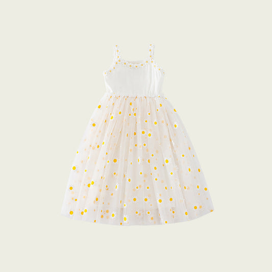 Summer Baby Kids Girls Sleeveless Floral Daisy Pattern Mesh Strap Dress