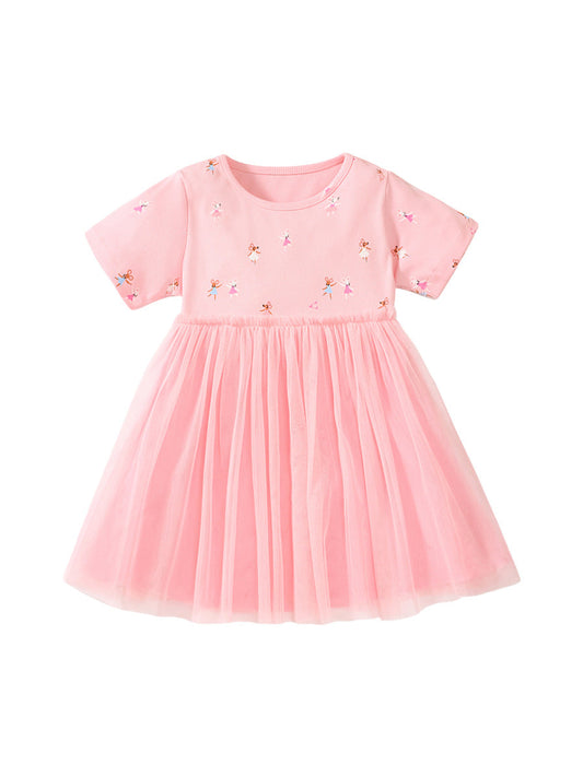 Spring And Summer Baby Girls Short Sleeves Mouse Dancers Cartoon Pattern Chiffon Dress