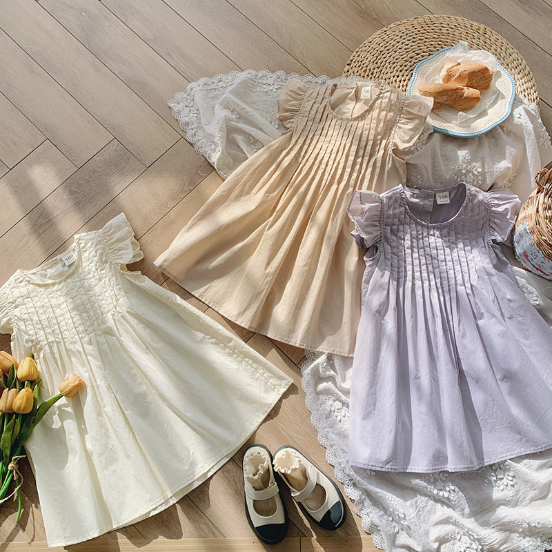Summer Arrival Kids Girls Fly Sleeves Solid Color Pleated Dress