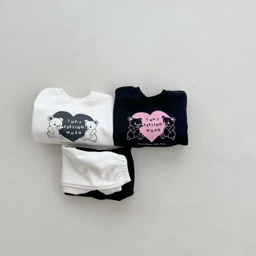 Autumn Baby Kids Unisex Casual Letters and Teddy Bears Pattern Long Sleeves Top Pullover and Pants Clothing Set