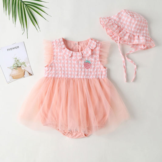 Baby Girl Plaid Graphic Strawberry Embroidery Mesh Overlay Floral Neck Dress