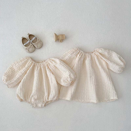 Design Autumn Baby Kids Girls Solid Color Simple Plaid Pattern Dress And Onesies Clothing Set