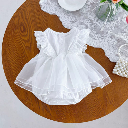 Summer Arrival Baby Girls Fly Sleeves Tulle Patchwork Lace Decorated Onesies