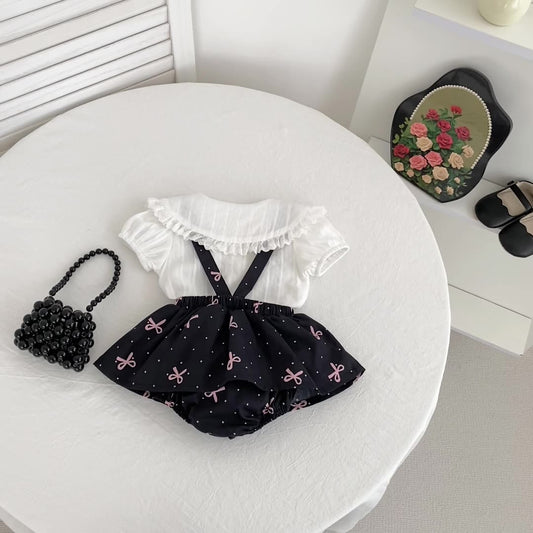 Summer Hot Selling Baby Kids Girls Sleeveless Dots Pattern Strap Onesies Overalls and Beige T-Shirt Clothing Set