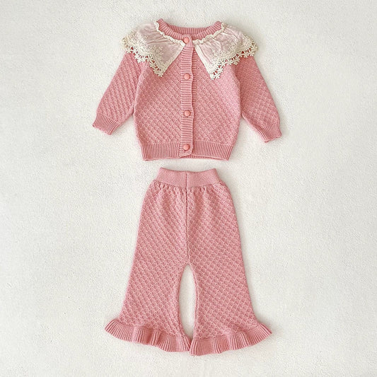 Arrival Autumn Baby Girls Long Sleeves Color Patchwork Geometric Jacquard Pattern Knitted Top Cardigan and Long Trousers Clothing Set