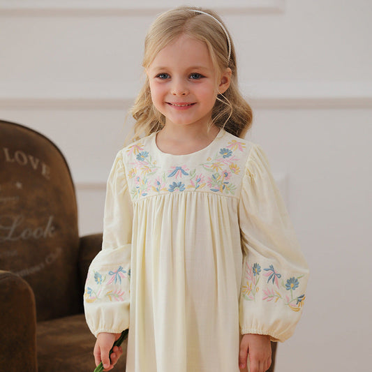 Spring and Autumn Vintage Flowers Embroidered Long-sleeved Dress for Stylish Girls