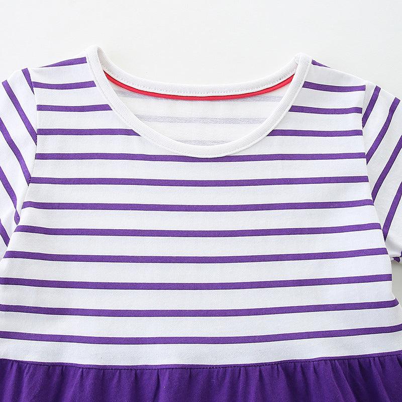 Summer Arrival Colorful Animals Pattern Short Sleeves Striped Dress for Stylish Girls