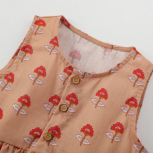 Summer Arrival Flowers Pattern Sleeveless Crew Neck Dress for Stylish Girls