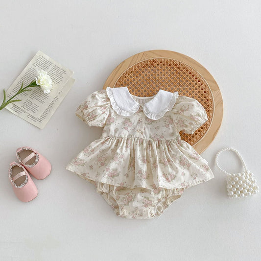 Summer Arrival Baby Girls Short Sleeves Flowers Pattern Peter Pan Collar Onesies Dress