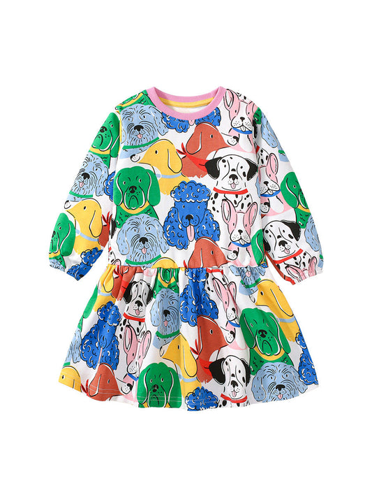 Design Autumn Girls Vivid Colorful Dogs Pattern Dress