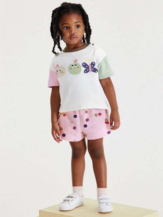 Summer Baby Kids Girls Cartoon Top And Dots Shorts Casual Clothing Set