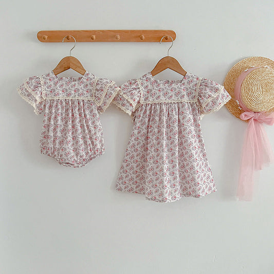 Summer Baby Girls Short Sleeves Square Neck Floral Pattern Dress And Onesie – Princess Sister Matching Set