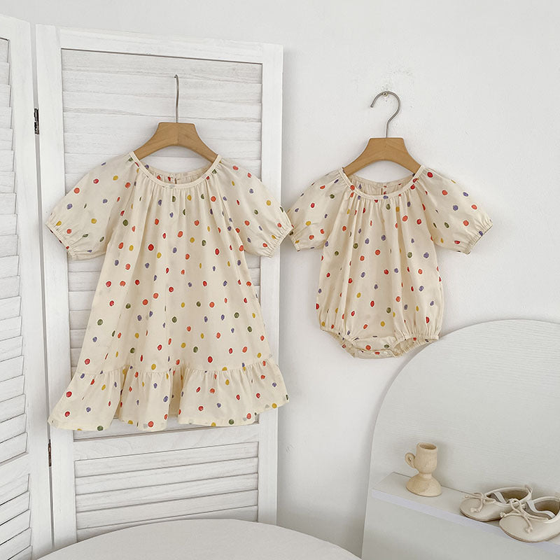 Summer Girls Coloful Dots Pattern Short Sleeves Onesies and Girls’ Dress – Princess Sister Matching Set