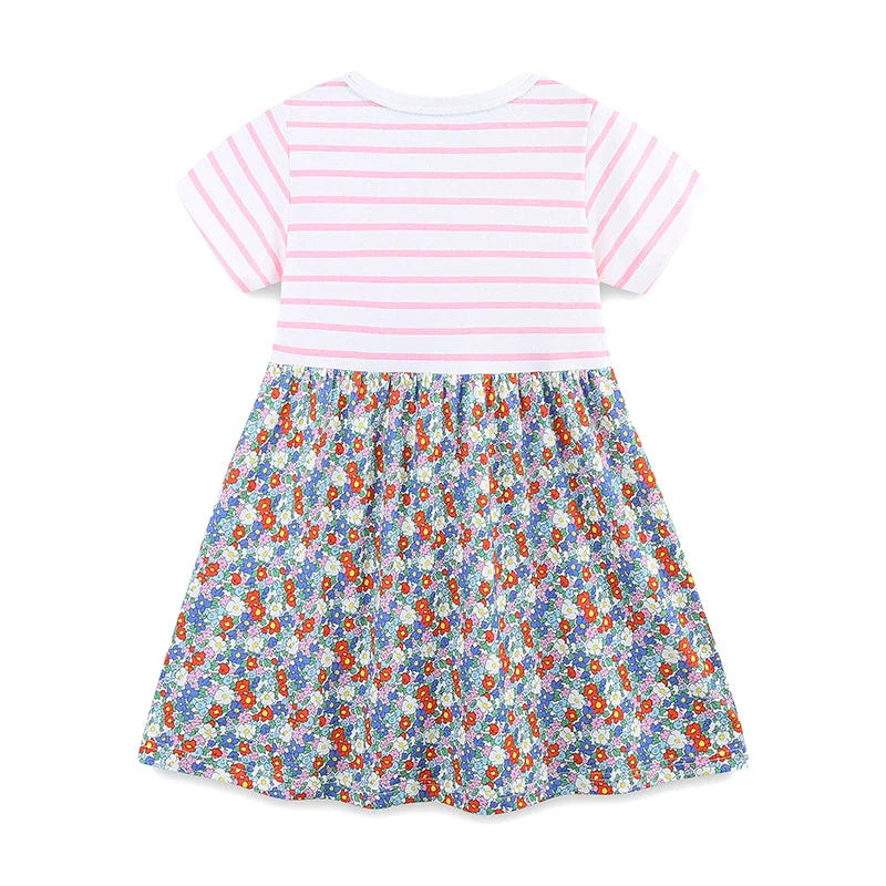 Summer Arrival Striped and Flowers Pattern Short Sleeves Color Patchwork Dress for Stylish Girls