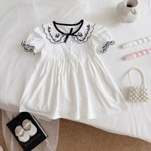 Summer Arrival Baby Girl Vintage Short Sleeves Dress with Flowers Embroidered Collar