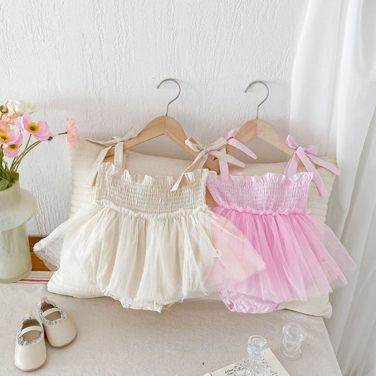Summer Arrival Baby Girls Sleeveless Solid Color Pleated Strap Tulle Onesies Dress