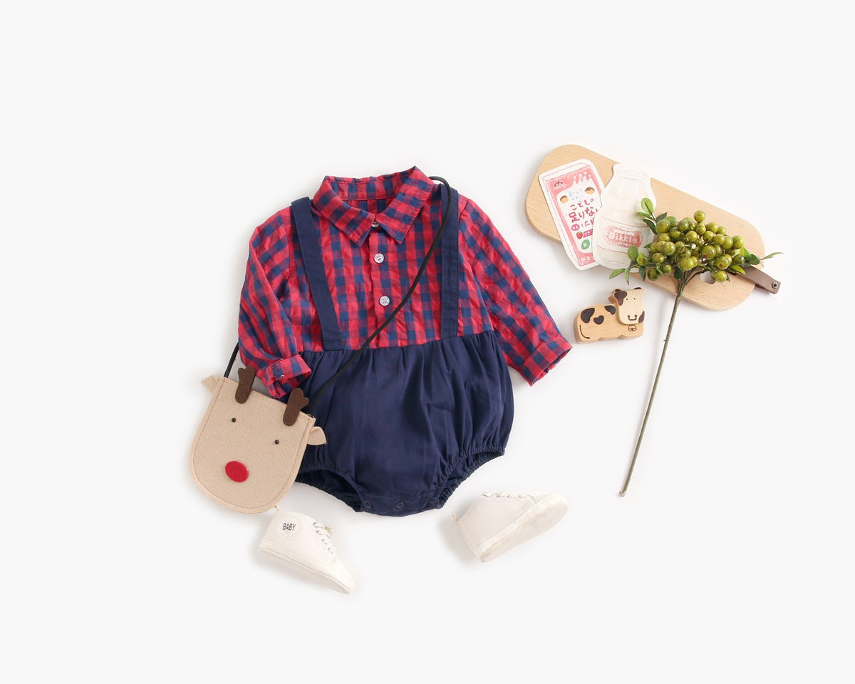 Baby Boy Plaid Pattern False One Pieces Design Lapel Bodysuit Onesies