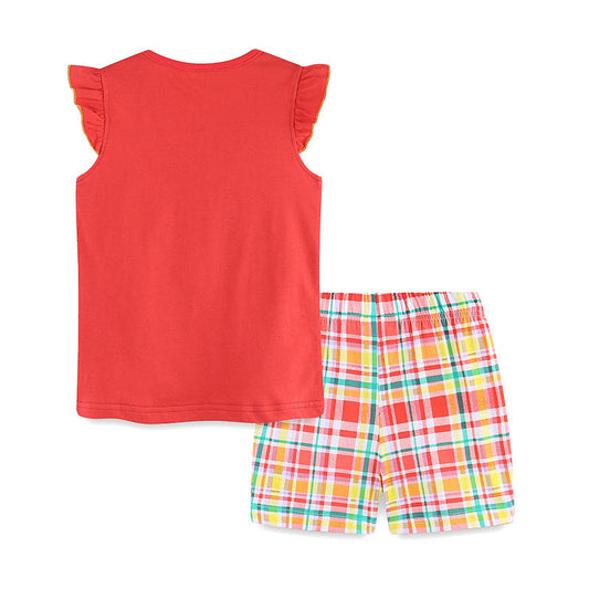 Summer Baby Kids Cartoon Sunshine Pattern Vest and Plaid Shorts Clothing Set for Girls
