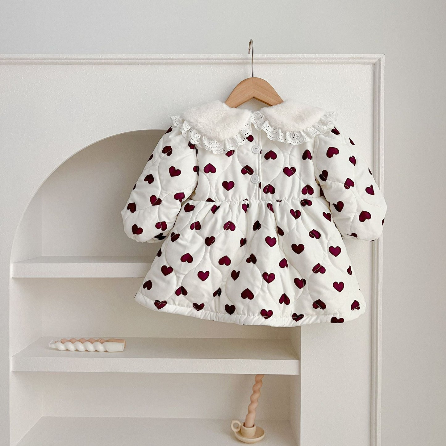 Red Heart Pattern Peter Pan Lace Collar Long Sleeve Fashion Princess Onesies&Dress