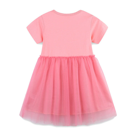 Summer Arrival Cotton Animals Pattern Tulle Patchwork Short Sleeves Dress for Stylish Girls