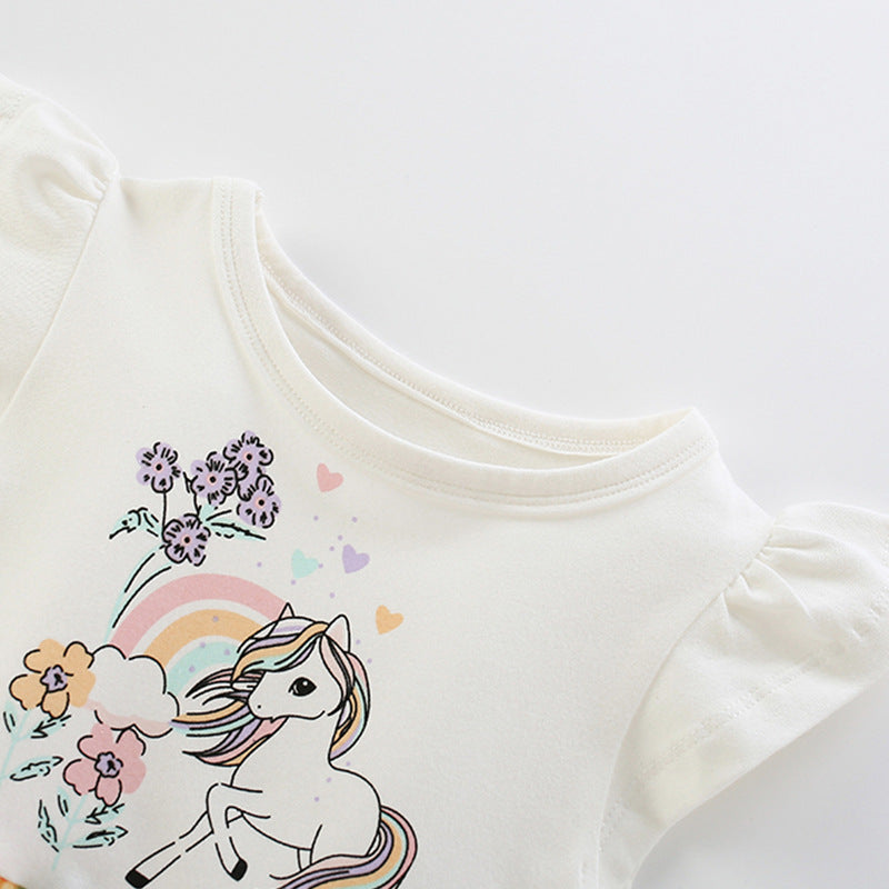 Summer Arrival Animals and Flowers Cartoon Pattern Fly Sleeves Tulle Patchwork Dress for Stylish Girls