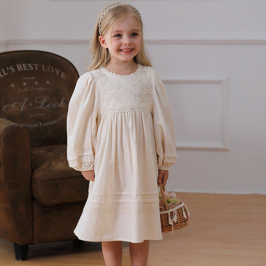 Spring and Autumn Solid Color Floral Pattern Long-sleeved Dress for Stylish Girls