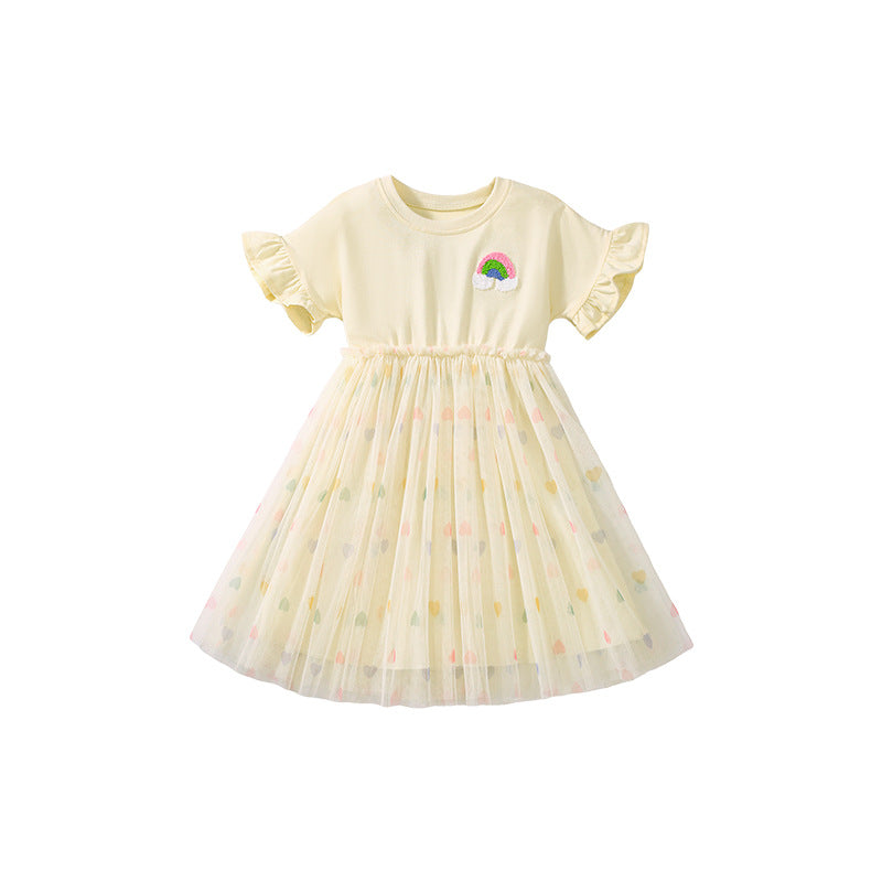 Summer Arrival Rainbow Pattern Short Sleeves Tulle Patchwork Dress for Stylish Girls