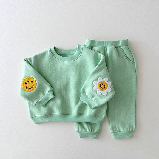 Baby Girls Kids Cartoon Pattern Knitted Crew Neck Casual Pullover Solid Color Pants Set