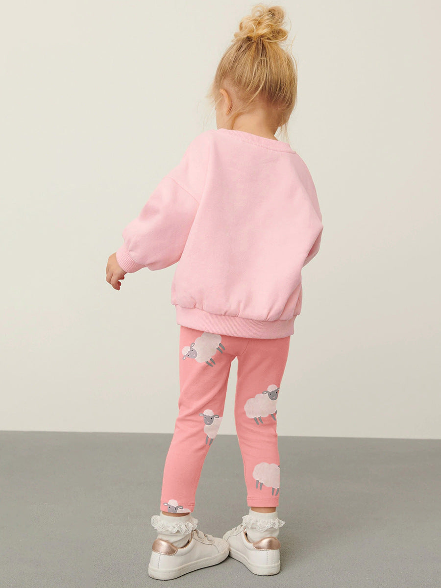 Spring And Autumn Girls Cute Sheep Cartoon Pattern Long Sleeves Top Sweatshirt And Pants Clothing Set