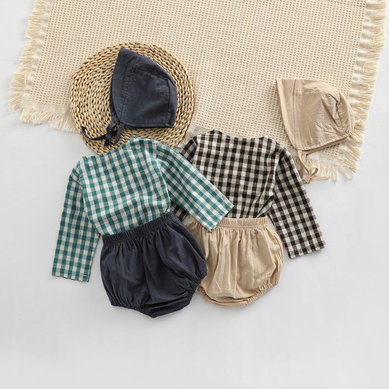 Baby Plaid Graphic Tops And Solid Shorts With Hat One Pieces Sets