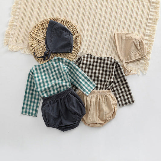 Baby Plaid Graphic Tops And Solid Shorts With Hat One Pieces Sets