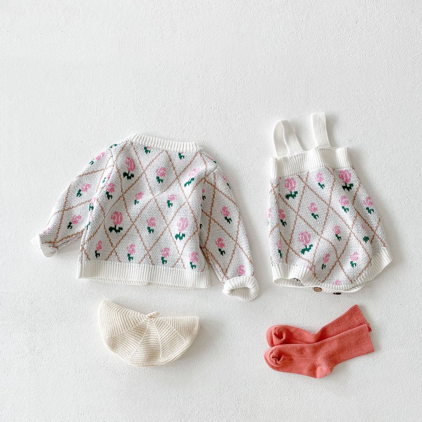 Baby Girl Allover Roses Embroidered Graphic Crotch Bodysuit & Cardigan Handmade Knitted Sets