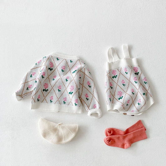 Baby Girl Allover Roses Embroidered Graphic Crotch Bodysuit & Cardigan Handmade Knitted Sets