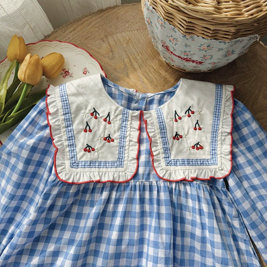 Arrival Autumn Girls Plaid and Cherry Pattern Long Sleeves Dress