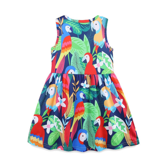 Summer Hot Selling Colorful Parrots Pattern Sleeveless Dress for Stylish Girls