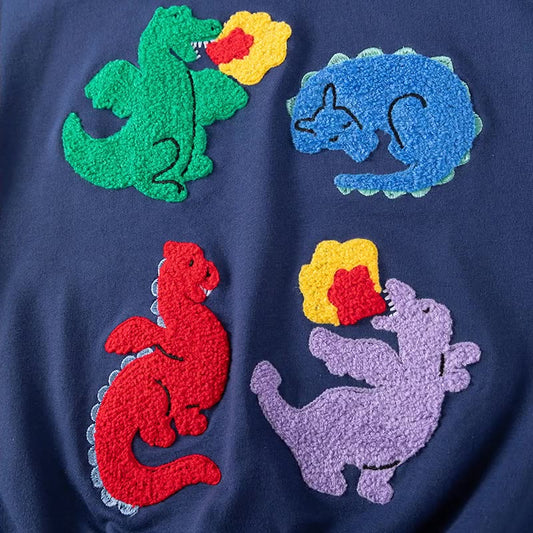 Spring and Autumn Girls Dragons Cartoon Pattern Long Sleeves Sweatshirt and Dots Pattern Pants Clothing Set