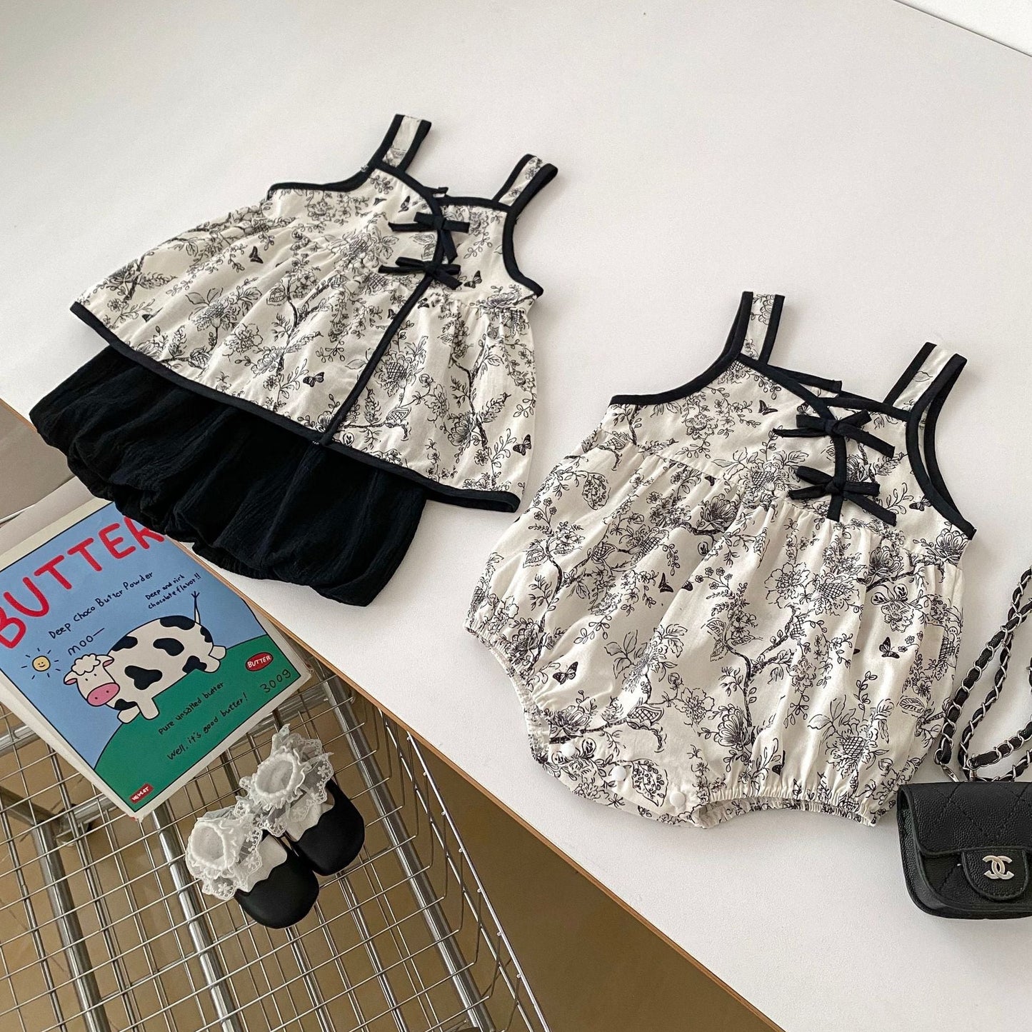 Summer Baby Kids Girls Flowers Pattern Sleeveless Strap Onesies, Top Dress And Solid Color Shorts Clothing Set