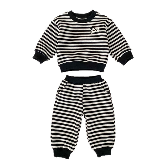 Spring and Autumn Baby Kids Boys Cartoon Pattern Striped Pullover and Pants
